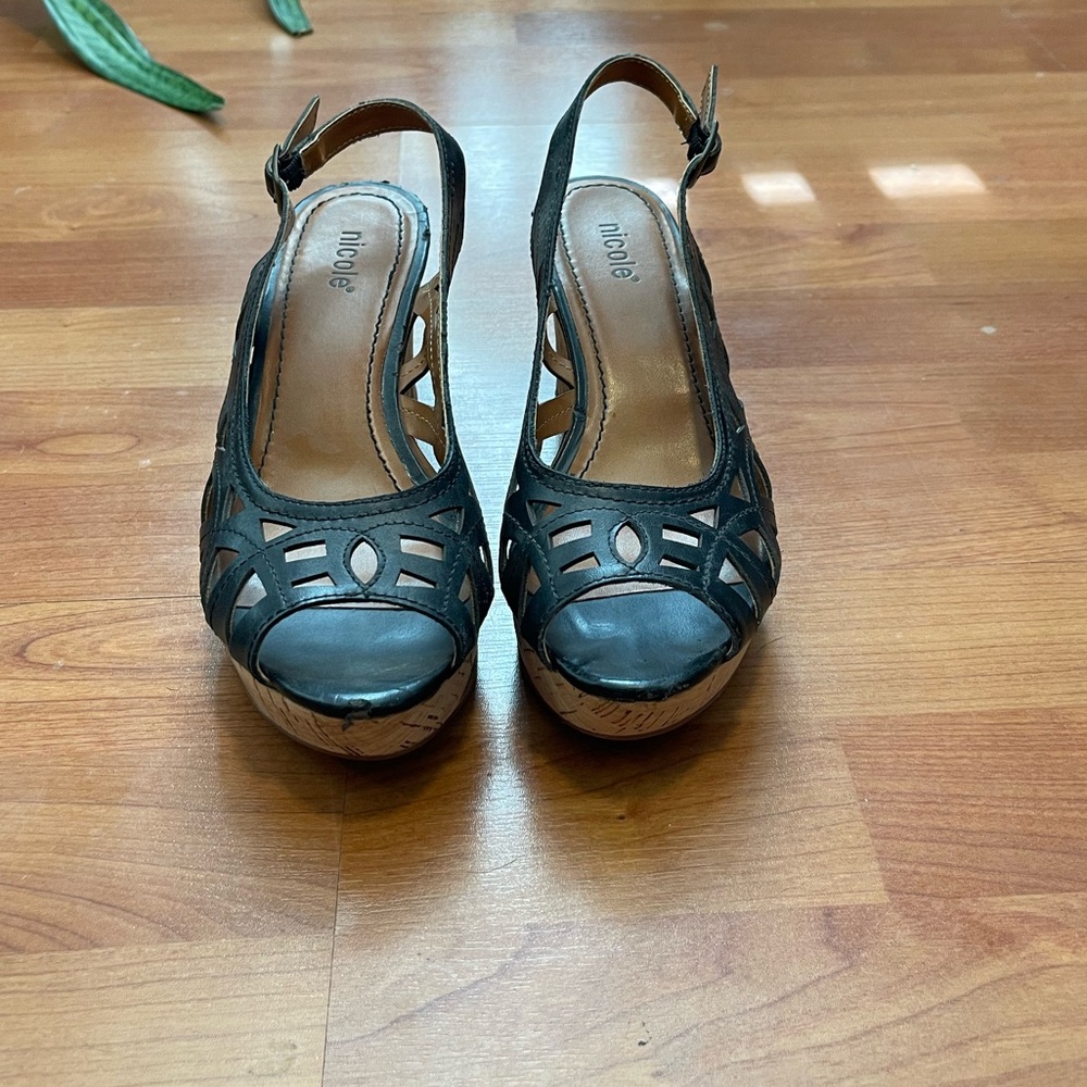 Nicole Black Cutout Peep-Toe Wedge Sandals